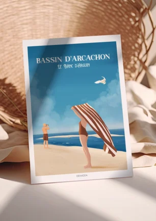 Poster du Banc d'Arguin au Bassin d'Arcachon vue depuis la Dune du Pilat. Un dessin de Denadda.