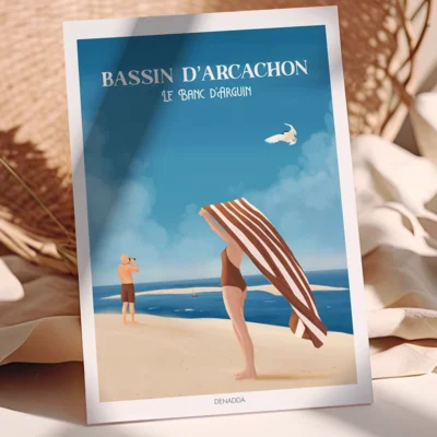Poster Bassin d’Arcachon “Le Banc d’Arguin” Poster du Banc d'Arguin au Bassin d'Arcachon vue depuis la Dune du Pilat. Un dessin de Denadda.