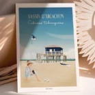 Poster des Cabanes Tchanquées sur l'île aux oiseaux. Un dessin du Bassin d'Arcachon illustré par Denadda