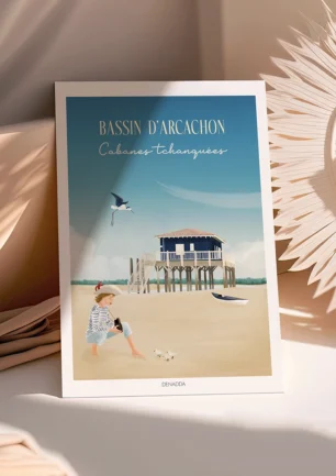 Poster des Cabanes Tchanquées sur l'île aux oiseaux. Un dessin du Bassin d'Arcachon illustré par Denadda