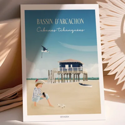 Poster Bassin d’Arcachon “Les Cabanes Tchanquées” Poster des Cabanes Tchanquées sur l'île aux oiseaux. Un dessin du Bassin d'Arcachon illustré par Denadda