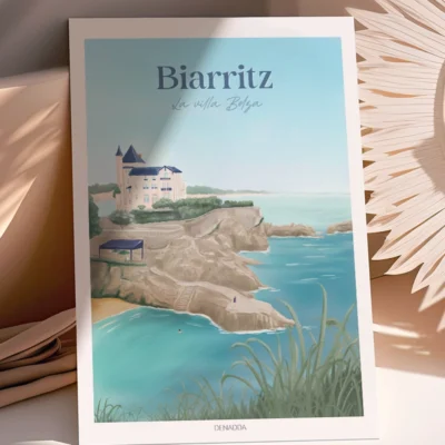 Poster Biarritz La Villa Belza illustrée par Denadda – Vue sur l’océan et les rochers.