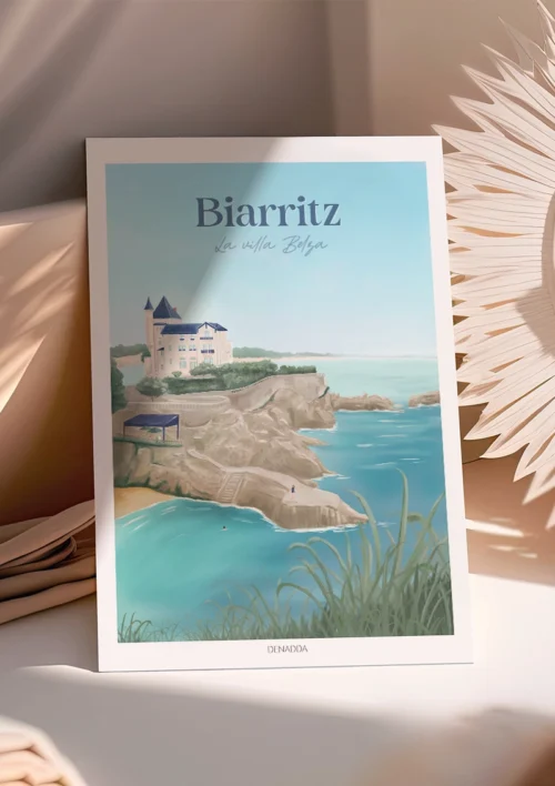Poster Biarritz "La Villa Belza" Poster Biarritz La Villa Belza illustrée par Denadda – Vue sur l’océan et les rochers.