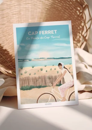 Poster de la Pointe du Cap Ferret avec une balade à vélo. Un dessin de Denadda