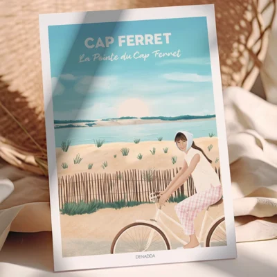 Poster Cap Ferret “La Pointe du Cap Ferret” Poster de la Pointe du Cap Ferret avec une balade à vélo. Un dessin de Denadda