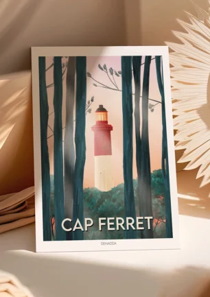 Poster Cap Ferret le phare. Illustration de la région Nouvelle Aquitaine dessinée par Denadda