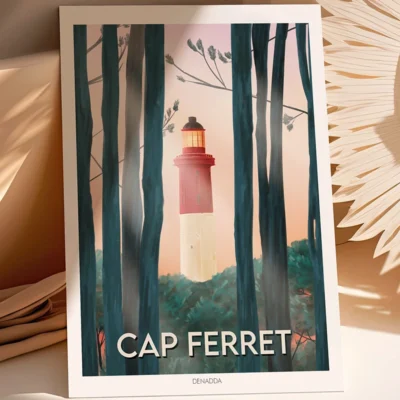 Poster Cap Ferret “Le Phare” Poster Cap Ferret le phare. Illustration de la région Nouvelle Aquitaine dessinée par Denadda