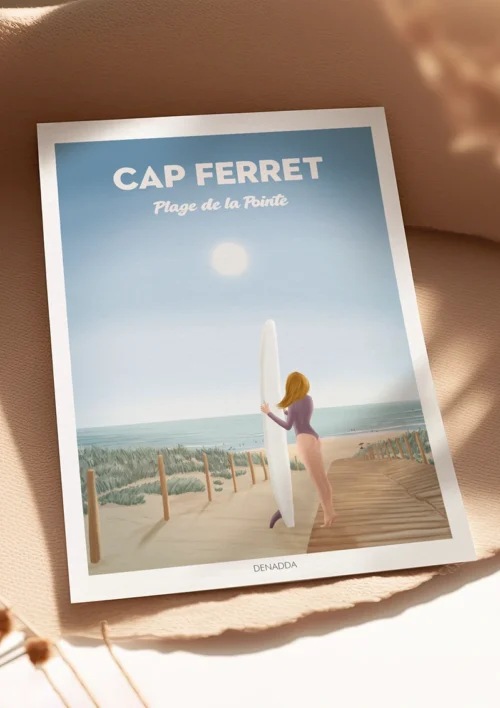 Poster Cap Ferret "Plage de la Pointe" Poster Cap Ferret personnalisé avec du texte. Plage de la Pointe. Une illustration de Denadda