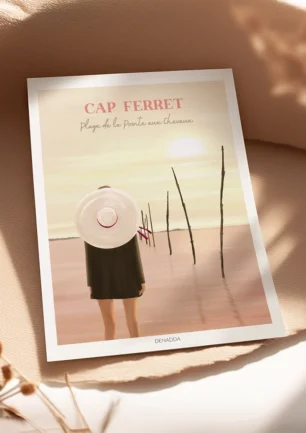 Poster Cap Ferret de Plage de la Pointe aux Chevaux. Une illustration qui dégage une ambiance zen avec un coucher de soleil pastel sur le Bassin d'Arcachon. Denadda