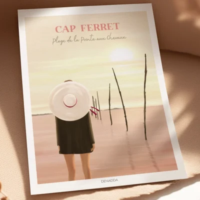 Poster Cap Ferret “Plage de la Pointe aux Chevaux” Poster Cap Ferret de Plage de la Pointe aux Chevaux. Une illustration qui dégage une ambiance zen avec un coucher de soleil pastel sur le Bassin d'Arcachon. Denadda