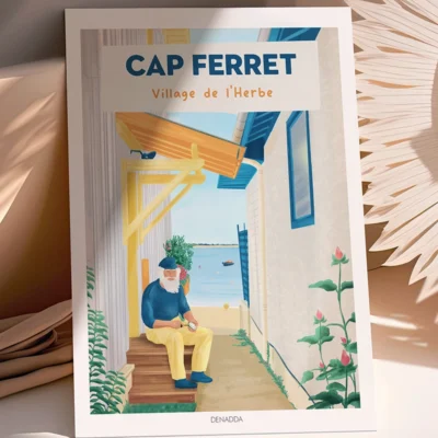 Poster Cap Ferret “Village de l’Herbe” Poster Cap Ferret. Dessin d'une ruelle du Village de l'Herbe avec un pêcheur qui ouvre une huitre assis à coté de sa cabane. Denadda