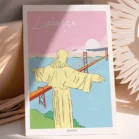 Poster Lisbonne dans un style minimaliste représentée avec la statue du Christ Roi au dessus du pont de Lisbonne. Collection Playful illustrée par Denadda