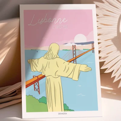 Poster Lisbonne dans un style minimaliste représentée avec la statue du Christ Roi au dessus du pont de Lisbonne. Collection Playful illustrée par Denadda