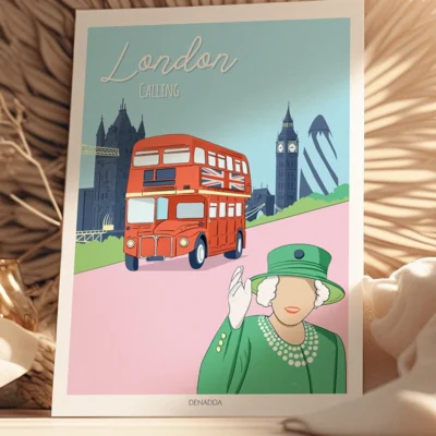 Poster Londres minimaliste London Calling. Bus anglais rouge avec la reine d'Angleterre, et des monuments tel que le Big Ben, 30 St Mary Axe - Gherkin et le Le Tower Bridge. Un dessin de Denadda