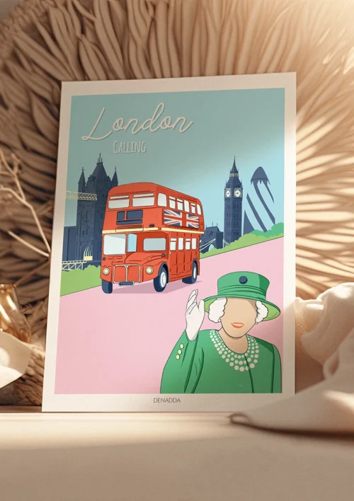 Poster Londres minimaliste "London Calling" Poster Londres minimaliste London Calling. Bus anglais rouge avec la reine d'Angleterre, et des monuments tel que le Big Ben, 30 St Mary Axe - Gherkin et le Le Tower Bridge. Un dessin de Denadda