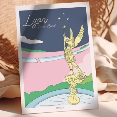 Affiche Lyon minimaliste Saint-Michel. Un dessin joyeux et coloré illustré par Denadda