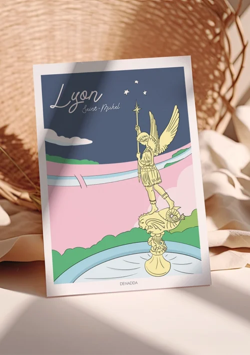 Poster Lyon minimaliste "Saint-Michel" Affiche Lyon minimaliste Saint-Michel. Un dessin joyeux et coloré illustré par Denadda