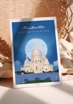 Poster Montmartre Basilique du Sacré Coeur, illustration de Paris dessinée par Denadda