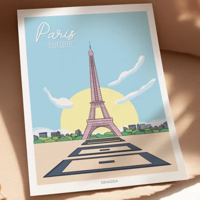 Poster de Paris minimaliste avec la Tour Eiffel. Dessin de la collection Playful Denadda