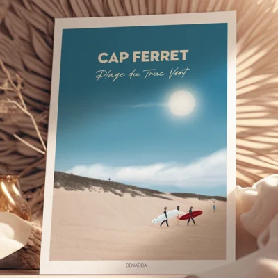 Poster Cap Ferret “Plage du Truc Vert” Poster de la Plage du Truc Vert au Cap Ferret, un dessin de surf illustré par Denadda