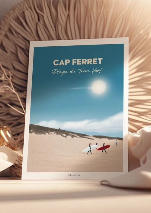 Poster Cap Ferret "Plage du Truc Vert" Poster de la Plage du Truc Vert au Cap Ferret, un dessin de surf illustré par Denadda