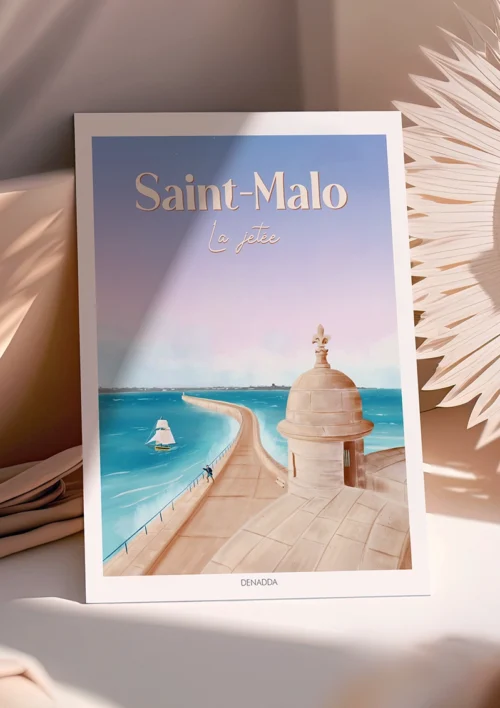 Poster Saint-Malo "La jetée" Poster Saint-Malo la jetée du Môle des Noires. Illustration de la Bretagne dessinée par Denadda