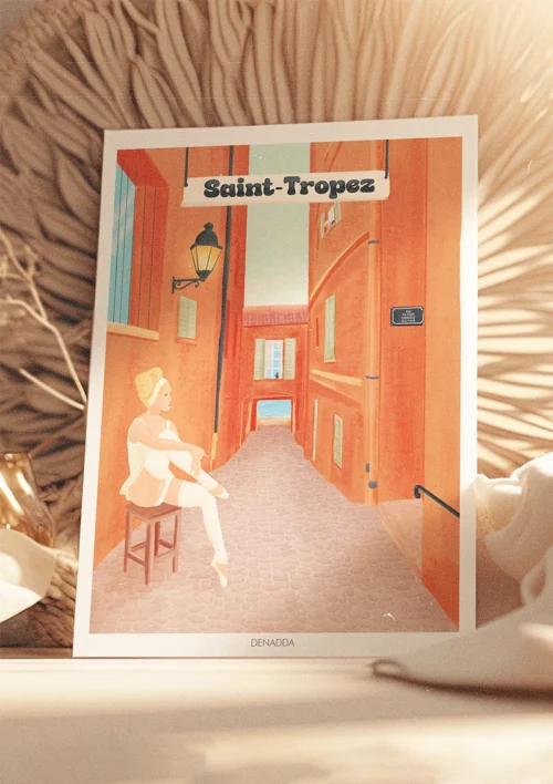 Poster Saint-Tropez "Brigitte Bardot" Poster vintage de Brigitte Bardot à Saint-Tropez. Illustration de Denadda