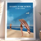 Tableau du Bassin d'Arcachon avec une femme et sa serviette de plage et un homme qui observe le Banc d'Arguin avec des jumelles. Un dessin réalisé par Denadda
