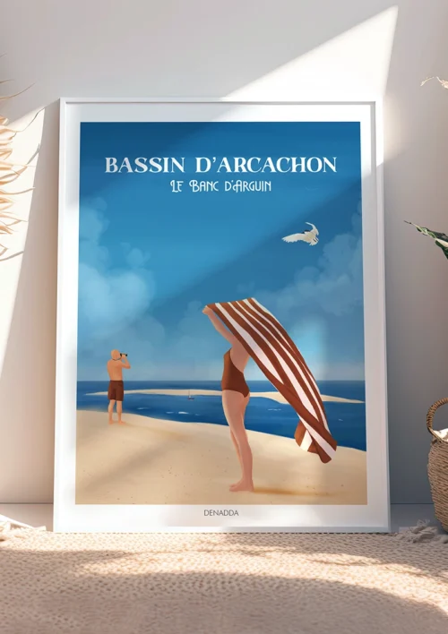 Tableau Bassin d'Arcachon "Le Banc d'Arguin" Tableau du Bassin d'Arcachon avec une femme et sa serviette de plage et un homme qui observe le Banc d'Arguin avec des jumelles. Un dessin réalisé par Denadda