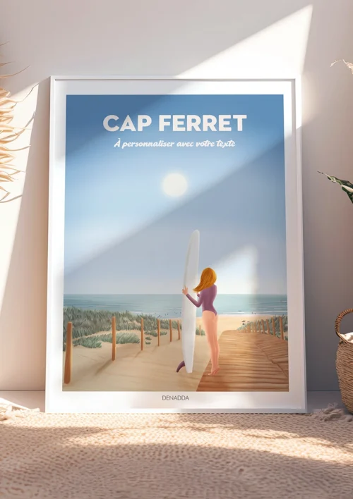 Tableau Cap Ferret "À personnaliser avec votre texte" Tableau d'une plage du Cap Ferret à personnaliser avec du texte. Une surfeuse en maillot de bain regarde vers l'horizon en direction de la plage. Une création de Denadda