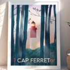 Tableau Cap Ferret, phare. Dessin du phare entourée de forêt de pins. Denadda