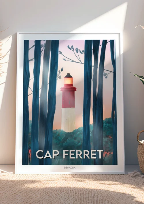 Tableau Cap Ferret "Le Phare" Tableau Cap Ferret, phare. Dessin du phare entourée de forêt de pins. Denadda