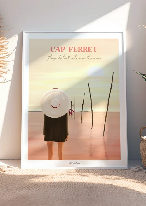 Tableau Cap Ferret "Plage de la Pointe aux Chevaux" Tableau de la Plage de la Pointe aux Chevaux au Cap Ferret. Une illustration zen avec un coucher de soleil pastel sur le Bassin d'Arcachon. Denadda