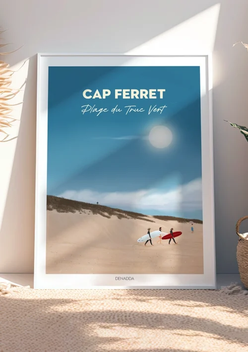 Tableau Cap Ferret "Plage du Truc Vert" Tableau du Cap Ferret illustré avec la Plage du Truc Vert, 3 surfeurs sur la plage. Denadda