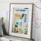 Tableau d'une ruelle du Village de l'Herbe au Cap Ferret. Un pêcheur ouvre une huitre assis à coté de ces cabanes colorés. Denadda