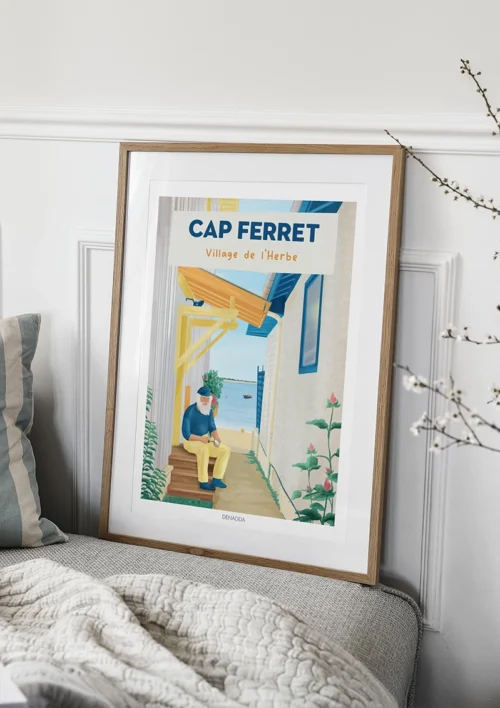 Tableau Cap Ferret "Village de l'Herbe" Tableau d'une ruelle du Village de l'Herbe au Cap Ferret. Un pêcheur ouvre une huitre assis à coté de ces cabanes colorés. Denadda