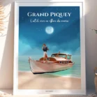 Tableau du Grand Piquey avec une pinasse et une citation "L’art de vivre au rythme des marées." Un cadre personnalisé de Denadda