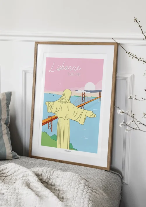 Tableau Lisbonne minimaliste "Le Christ Roi" Tableau Lisbonne minimaliste Le Christ Roi au dessus du pont de Lisbonne. Collection Playful Denadda