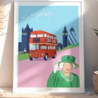 Tableau de Londres minimaliste "London Calling". Bus anglais rouge avec la reine d'Angleterre, et des monuments célèbres comme : le Big Ben, 30 St Mary Axe - Gherkin et le Le Tower Bridge. Denadda