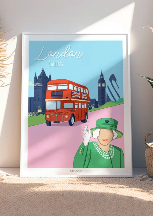 Tableau Londres minimaliste "London Calling" Tableau de Londres minimaliste "London Calling". Bus anglais rouge avec la reine d'Angleterre, et des monuments célèbres comme : le Big Ben, 30 St Mary Axe - Gherkin et le Le Tower Bridge. Denadda