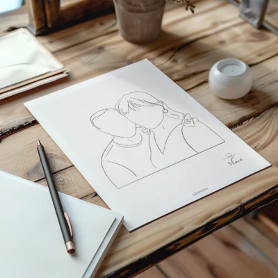 Affiche personnalisée couple en line art posée sur une table en bois avec ambiance décorative. Dessin minimaliste réalisé d'un seul trait par Denadda. Une idée de cadeau personnalisé pour la Saint-Valentin, Noël ou un anniversaire.