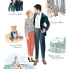 Affiche personnalisée couple story avec plusieurs dessins qui retrace leur histoire d'amour, lieu de rencontre, mariage, naissance. Affiche sur mesure réalisée à partir de plusieurs photos par Denadda dans un style dessiné.