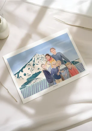 Affiche personnalisée famille dessin 7 personnes devant des champs de lavande à la montagne. Un dessin personnalisé par Denadda à partir d’une photo, idée cadeau unique pour Noël, anniversaire ou fête des parents.