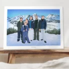 Affiche personnalisée famille illustration de 6 personnes à la montagne en hiver. Création de Denadda à partir d'une photo. Idée cadeau originale pour Noël, anniversaire, fête des mères ou fête des pères.