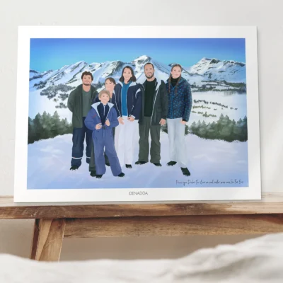 Affiche personnalisée famille illustration de 6 personnes à la montagne en hiver. Création de Denadda à partir d'une photo. Idée cadeau originale pour Noël, anniversaire, fête des mères ou fête des pères.