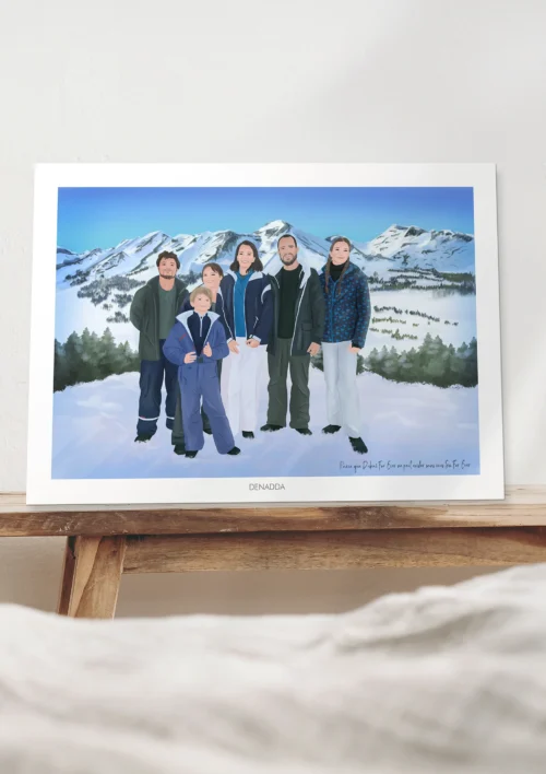 Affiche personnalisée famille - Illustration Affiche personnalisée famille illustration de 6 personnes à la montagne en hiver. Création de Denadda à partir d'une photo. Idée cadeau originale pour Noël, anniversaire, fête des mères ou fête des pères.