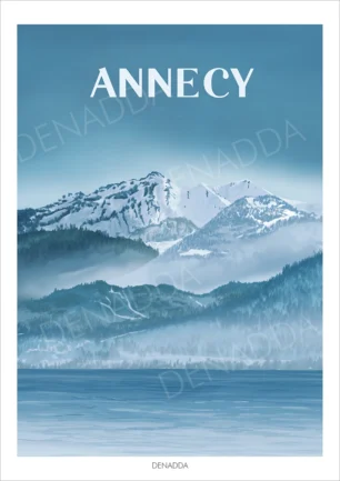 Affiche personnalisée paysage du lac d'Annecy avec ses montagnes en hiver. Illustration dessinée par Denadda à l’aide d’une palette de couleurs bleues.