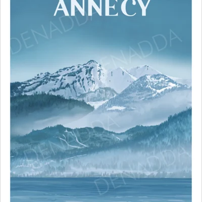 Affiche personnalisée paysage du lac d'Annecy avec ses montagnes en hiver. Illustration dessinée par Denadda à l’aide d’une palette de couleurs bleues.