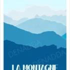 Affiche personnalisée paysage minimaliste de la montagne en hiver. Illustration dessinée par Denadda à l’aide d’une palette de couleurs bleues.