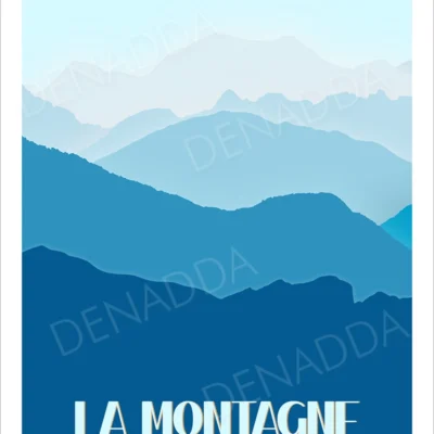 Affiche personnalisée paysage minimaliste de la montagne en hiver. Illustration dessinée par Denadda à l’aide d’une palette de couleurs bleues.